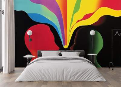 Silhouettes of two faces with rainbow light beams connecting Wall mural