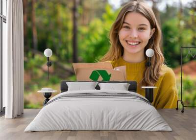 Smiling Woman Holding Recyclable Paper with Green Symbol Wall mural