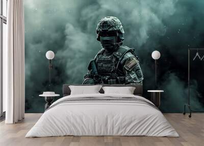 Soldier in Full Combat Gear Standing Amidst Dense Smoke Wall mural