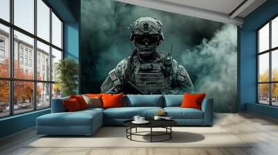 Soldier in Full Combat Gear Standing Amidst Dense Smoke Wall mural