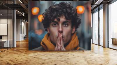 Thoughtful Young Man Pondering on a Narrow Street Wall mural