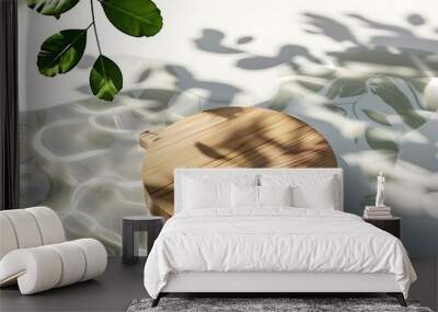 Wooden podium with floating shadows on water surface, nature concept Wall mural