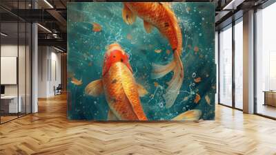 A mesmerizing artwork capturing two koi fish gracefully swimming amidst a serene Wall mural