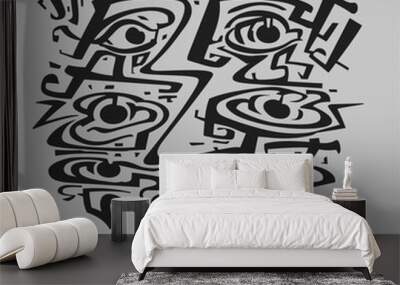 Abstract black and white illustration with surreal eyes and intricate lines, minimalistic style.
 Wall mural