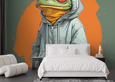 Cartoon-style frog wearing a tracksuit, combining human and amphibian features.
 Wall mural