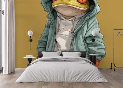 Cartoon-style frog wearing a tracksuit, combining human and amphibian features.
 Wall mural