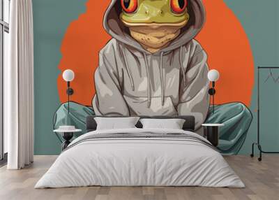 Cartoon-style frog wearing a tracksuit, combining human and amphibian features.
 Wall mural