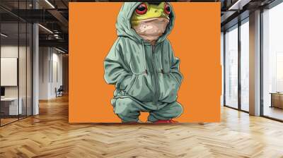 Cartoon-style frog wearing a tracksuit, combining human and amphibian features.
 Wall mural