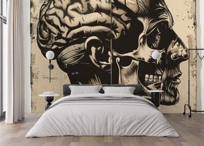 Detailed anatomical illustration of a human head with exposed brain and muscles.
 Wall mural