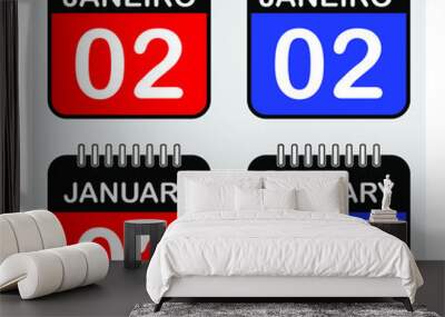 January 2, Calendar on Colored Background Wall mural