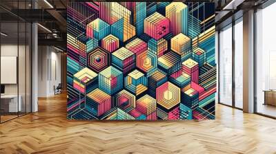 Hexagonal Background with Retro 80s Abstract Lines Wall mural