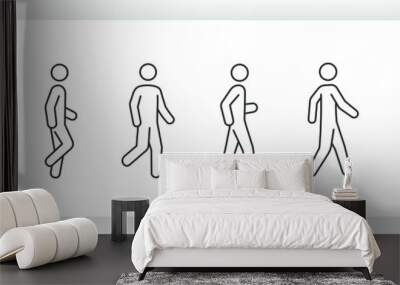 Editable line icon set of a stick man or stick figure walking in different poses in a dynamic outline graphic design style standing on both or one leg in side and front full body view as a eps vector Wall mural