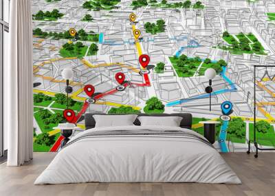 Localization, GPS Navigation, Path Finding in the city. Routing. 3D Illustration. Wall mural