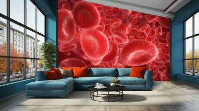 Red Blood Cells Moving in the Blood Stream, in an Artery. 3D Illustration of Hemoglobin Cells Traveling Through a Vein. Wall mural