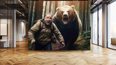 a backpacker hurriedly running away from a bear in a survival situation, underscoring the dangers of wildlife encounters in the wilderness. Wall mural