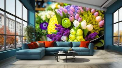 a bouquet of beautiful spring flowers is for sale in the florist shop for the holiday. ai generative Wall mural