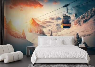 a breathtaking view of a cable car traveling across the mountainous landscape of a winter ski resort. AI generative Wall mural