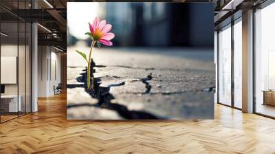 A close-up of a resilient flower pushing through the hard asphalt of a street, showcasing the strength and determination of nature to thrive in challenging environments. Wall mural