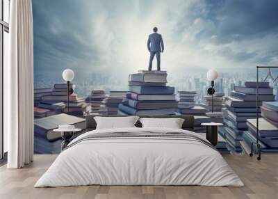 A concept of a businessman with books piled high around him, emphasizing the importance of acquiring wisdom and knowledge to excel in the world of business and career. Wall mural