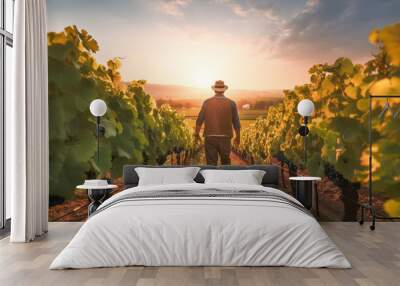 A dedicated farmer tends to the lush vineyard as the summer sun sets over the picturesque countryside. Wall mural