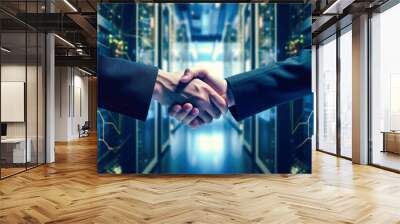 A firm handshake between two professionals symbolizes the successful exchange of information in the world of networking and technology. Wall mural