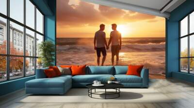 A happy gay couple enjoying a romantic sunset on the beach, portraying the warmth of their love and connection. Wall mural