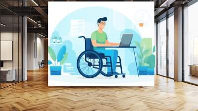 A person uses a wheelchair to navigate while working on a laptop, embracing electronic tools for education and business in a virtual office setting. Wall mural