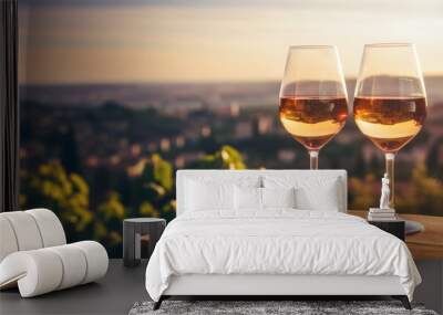 A refreshing glass of red wine with a winery in the background, perfect for celebrating summer and enjoying the rich flavors of the grape. Wall mural