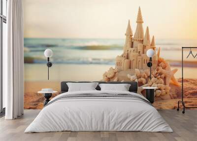 A solitary sandcastle stands proudly on the beach, a symbol of summer vacation and seaside leisure against a backdrop of blue skies and gentle waves. Wall mural