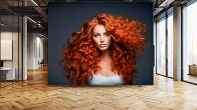 A stunning model with bright red curly hair, showcasing the beauty and glamour of her unique hairstyle. Wall mural