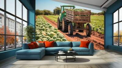 A tractor with watermelon crates at farm. Wall mural