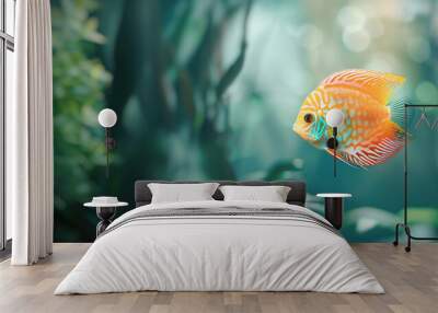 A vibrant underwater scene featuring a colorful discus fish swimming gracefully in a tropical aquarium, surrounded by lush green plants and coral. Wall mural