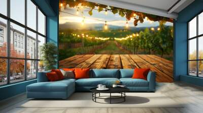 A vintage-inspired outdoor setting with a wooden table amidst green vines, perfect for showcasing products in a countryside winery Wall mural