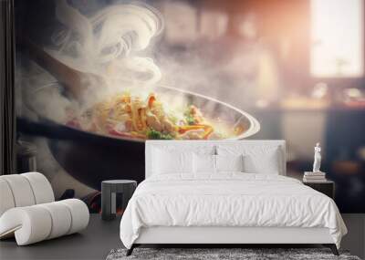 a wok full of delicious, freshly cooked noodles is releasing a plume of hot steam and aroma, ready t Wall mural