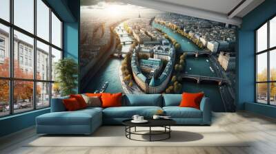 Aerial view of a Paris skyline with river Seine with bridges in the foreground. AI generative Wall mural