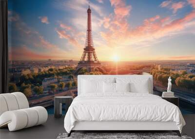 Aerial view of a sunset over majestic Paris city with Eiffel tower and Seine river. Wall mural