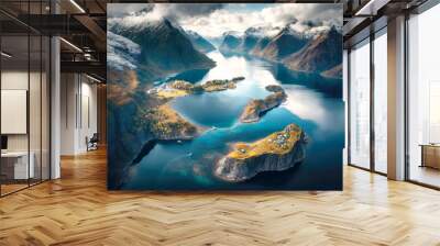 Aerial view of majestic Norway Fjord with scenic mountains and sea. AI generative Wall mural