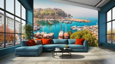 Aerial view of the picturesque bay with marina port with yachts near the old town of Kaleici in Antalya. Turkish Riviera and resort paradise Wall mural