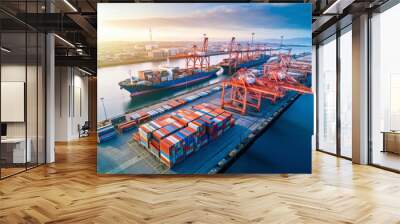 An industrial port scene, with cargo cranes loading containers onto ships, highlighting the efficient shipping and transportation operations. Wall mural