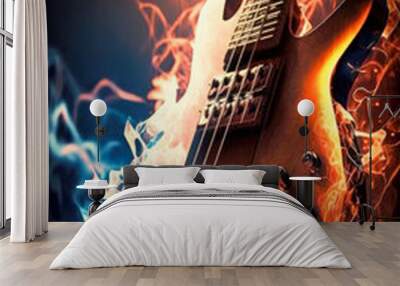 Bass electro guitar in fire and glowing in flames. Heavy metal and rock n roll music concept. AI generative Wall mural