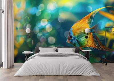 Brightly colored discus fish swimming in a freshwater aquarium, showcasing its vibrant orange and blue patterns Wall mural