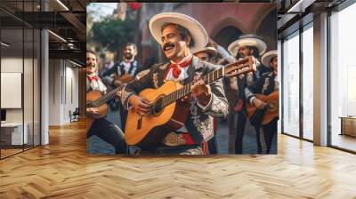 Celebrating the spirit of Mexico, a mariachi man enjoys a musical performance, playing his instrument with a happy and cheerful demeanor Wall mural