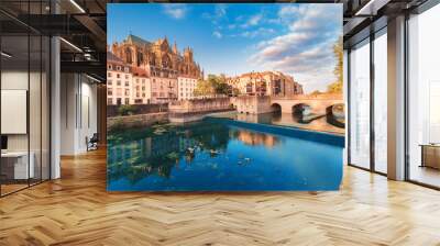 Cityscape scenic view of Saint Stephen Cathedral in Metz city at sunrise. Travel landmarks and tourist destination in France Wall mural