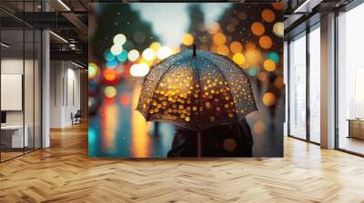 Cold and rainy weather in city - people hide under umbrellas, AI generative mood picture Wall mural