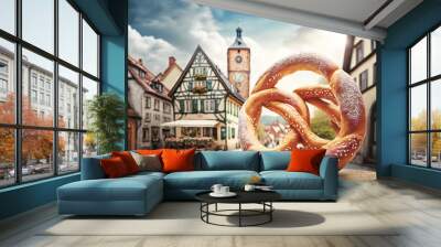 Delicious german pretzel salty snack bread and old european village or town architecture. AI generative Wall mural