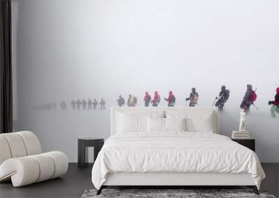 Elbrus, Caucasus mountains, Russia. A huge group of climbers descends from the Elbrus in the fog. The concept of climbing the mountain in a snow storm Wall mural