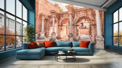 Famous gate or Hadrianus arch in Antalya without visitors. Travel landmarks and must-see tourist and sightseeing sites in Turkey Wall mural