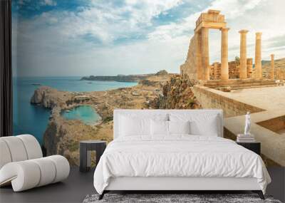 Famous tourist attraction - Acropolis of Lindos. Ancient architecture of Greece. Travel destinations of Rhodes island Wall mural