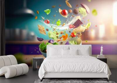 Greek or caesar salad ingredients flying with blurred kitchen background. AI generative Wall mural