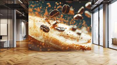 Hot cappuccino with frothy milk and a background of flying coffee beans, capturing the essence of a fresh morning beverage Wall mural